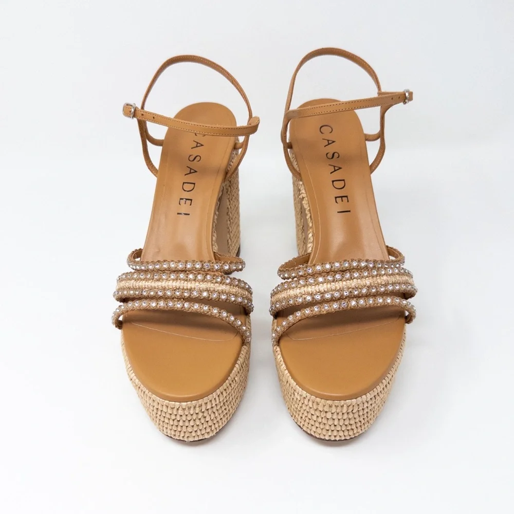 NEW Casadei Limelight Platform Sandals (Sz 38.5) Chunky Heel Crystal Raffia